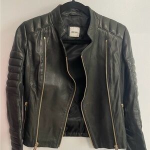 Anine Bing Black Leather Jacket with Gold Zippers